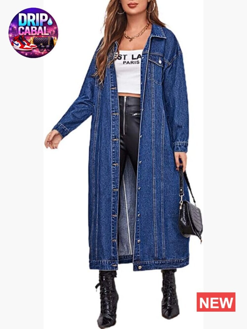 Women's Long Denim Jean Jacket Trench Coat Button Down Midi